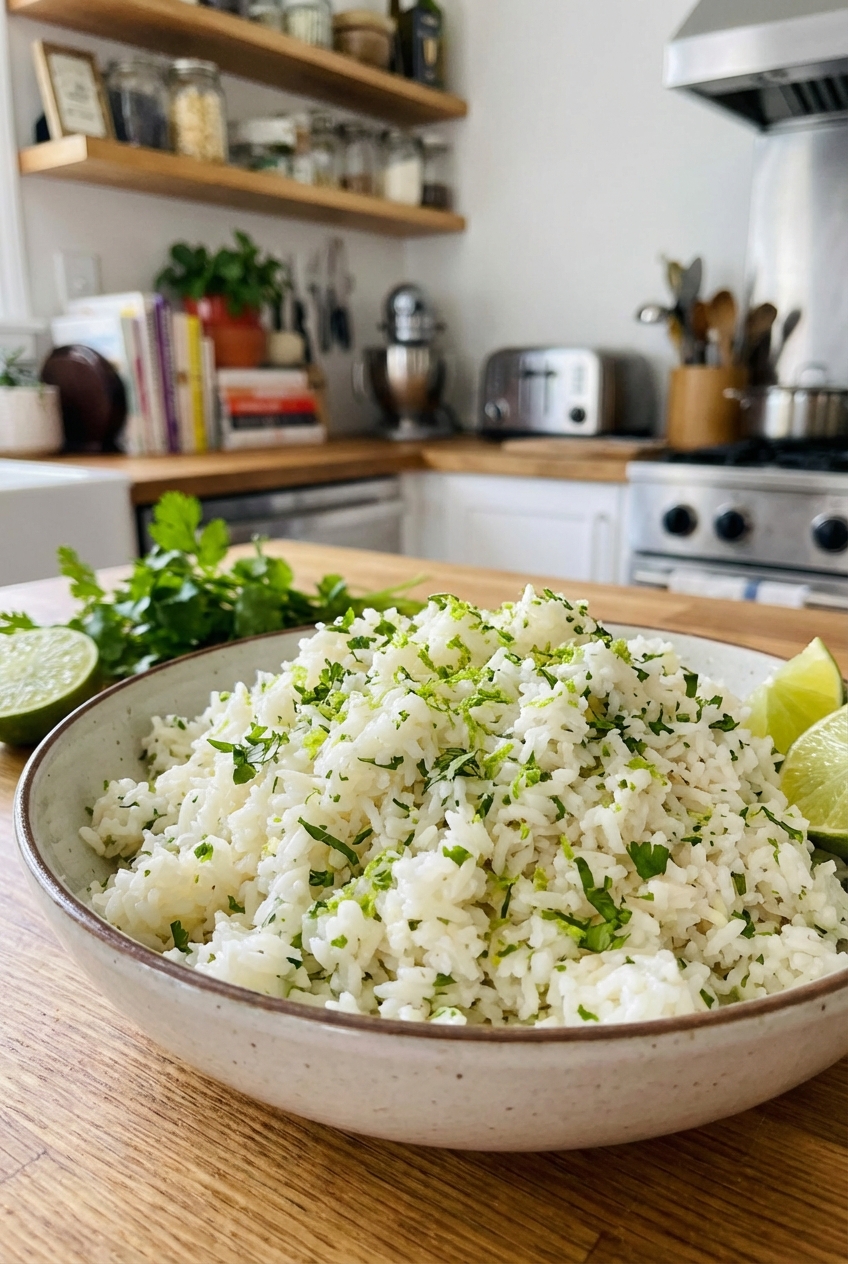 A bowl of fluffy cilantro lime rice with chopped herbs