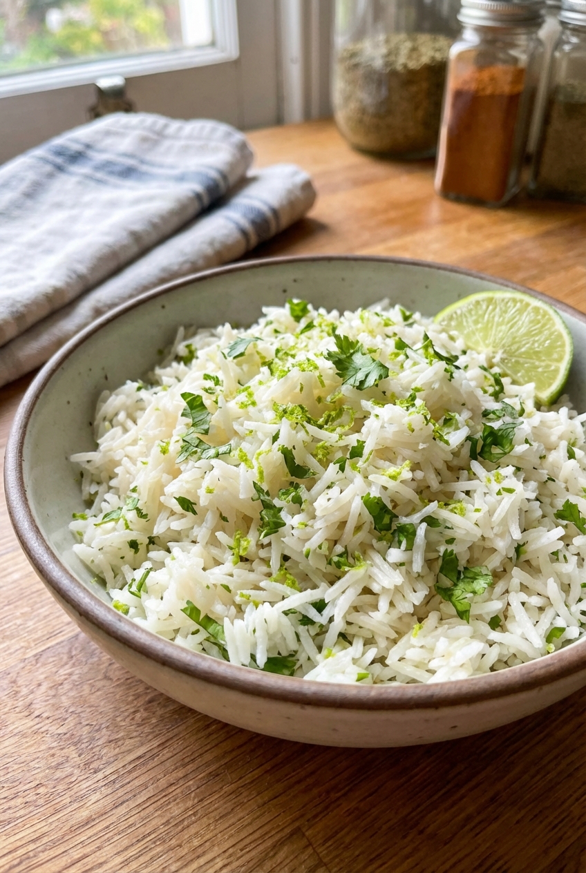A bowl of fluffy cilantro lime rice with chopped herbs