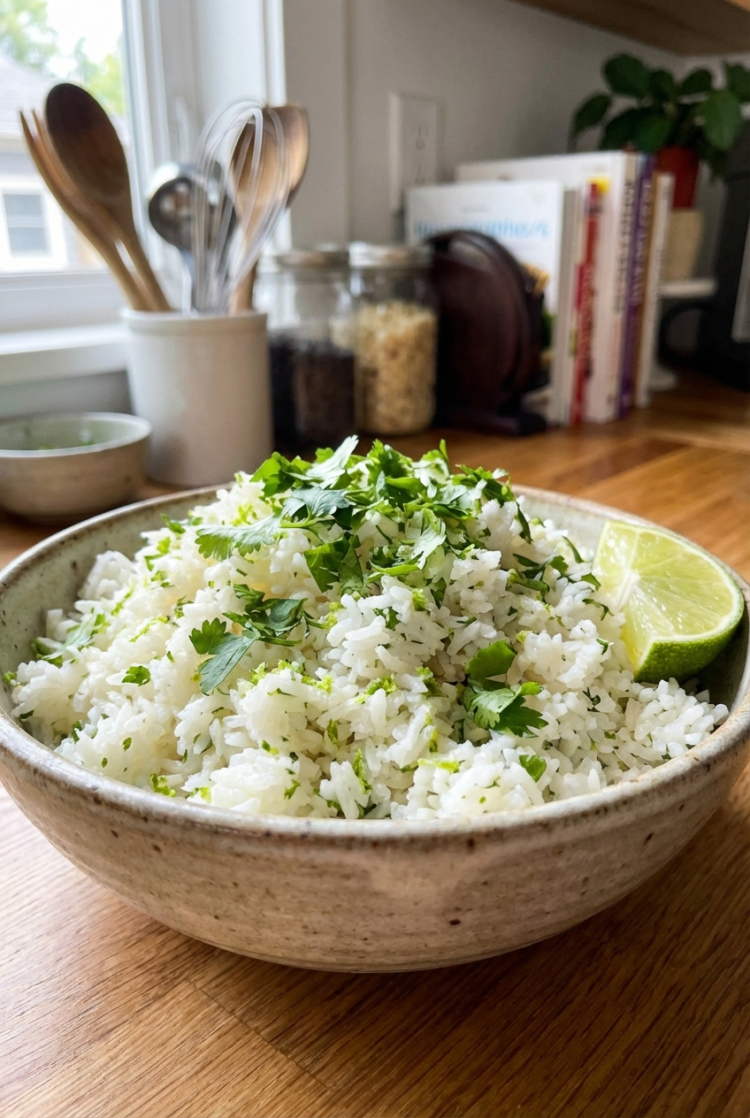 A bowl of fluffy cilantro lime rice with fresh cilantro scattered on top