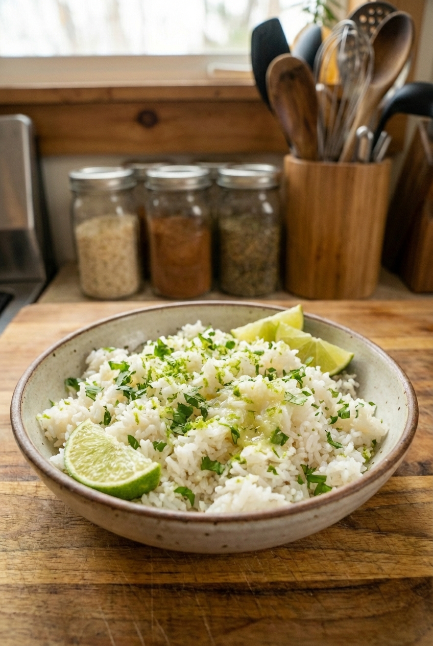 A bowl of fluffy cilantro lime rice with lime wedges