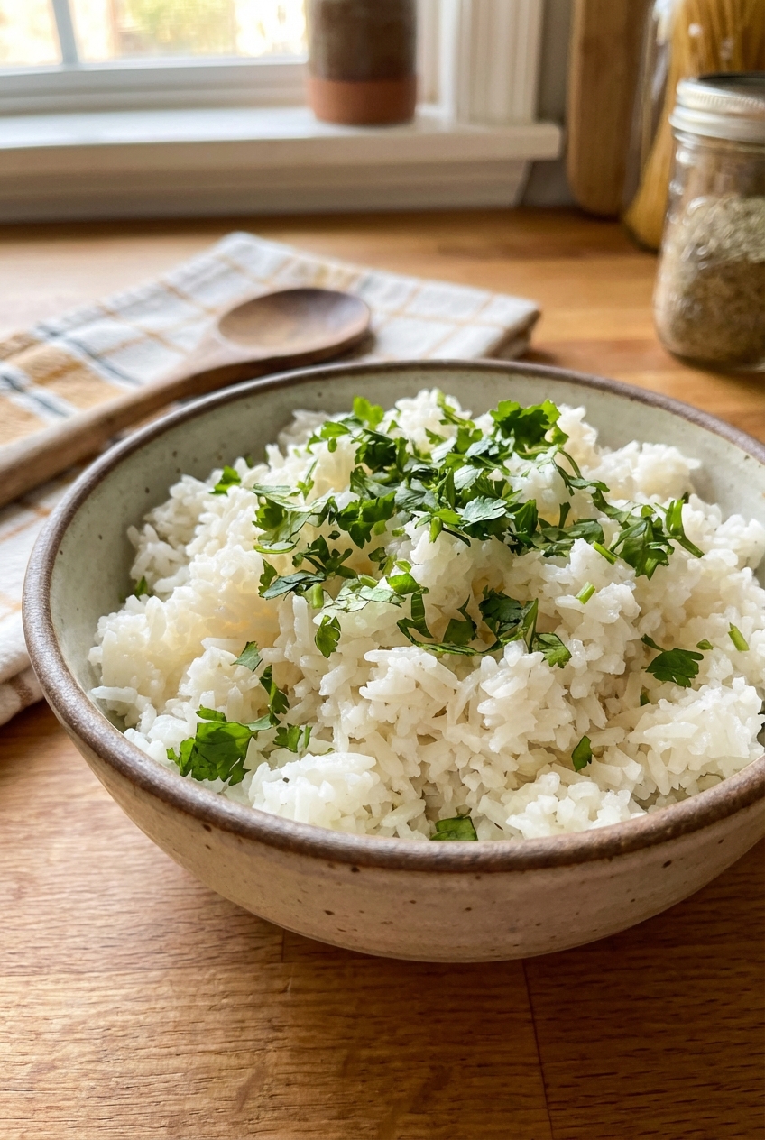 A bowl of fluffy coconut rice topped with chopped cilantro