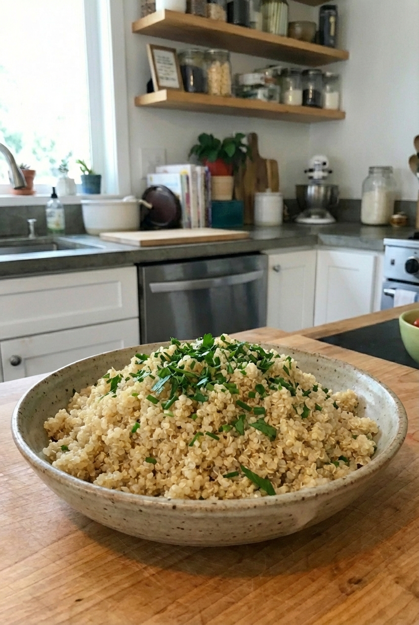 A bowl of fluffy cooked quinoa with chopped herbs