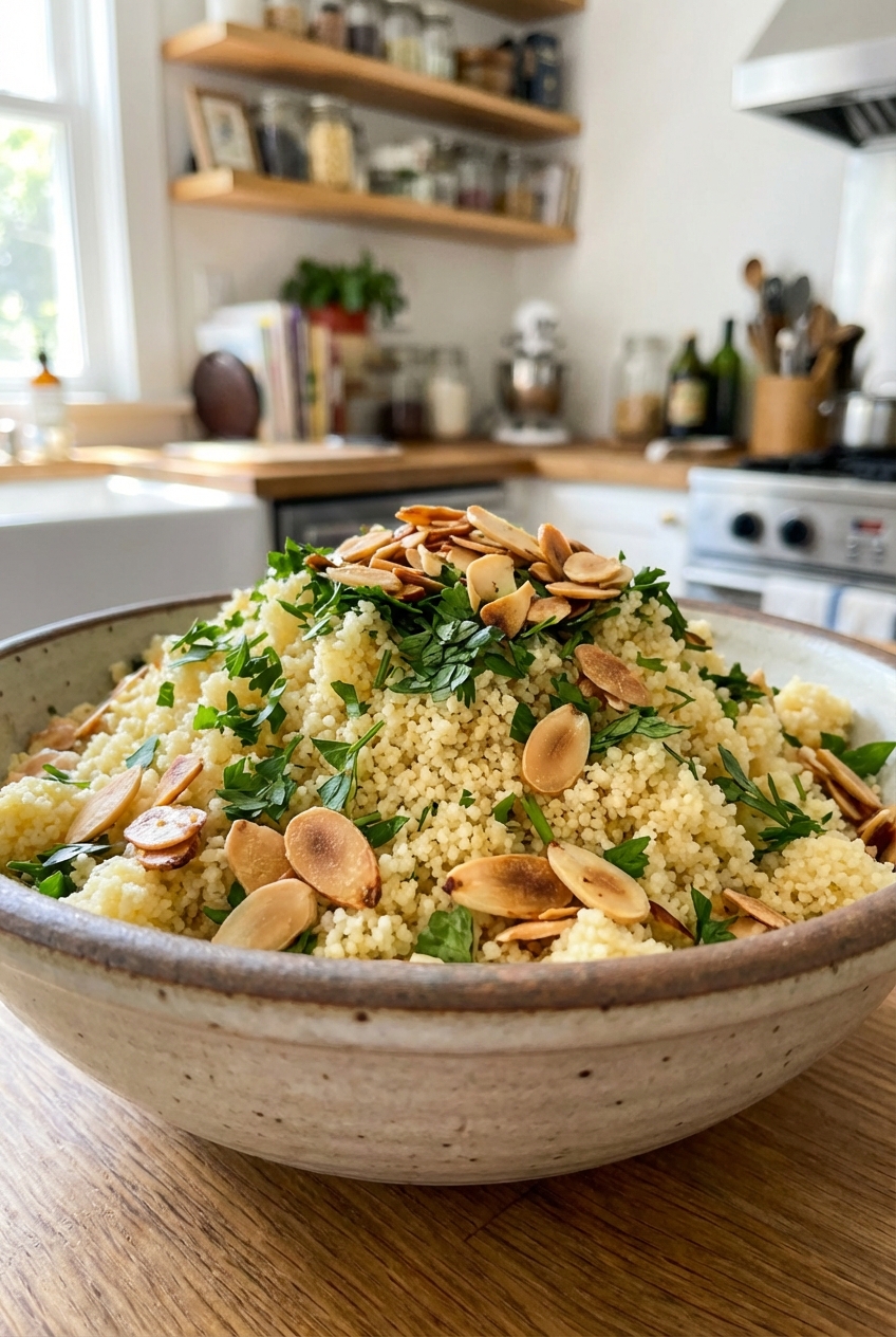 A bowl of fluffy couscous with chopped parsley and toasted almonds