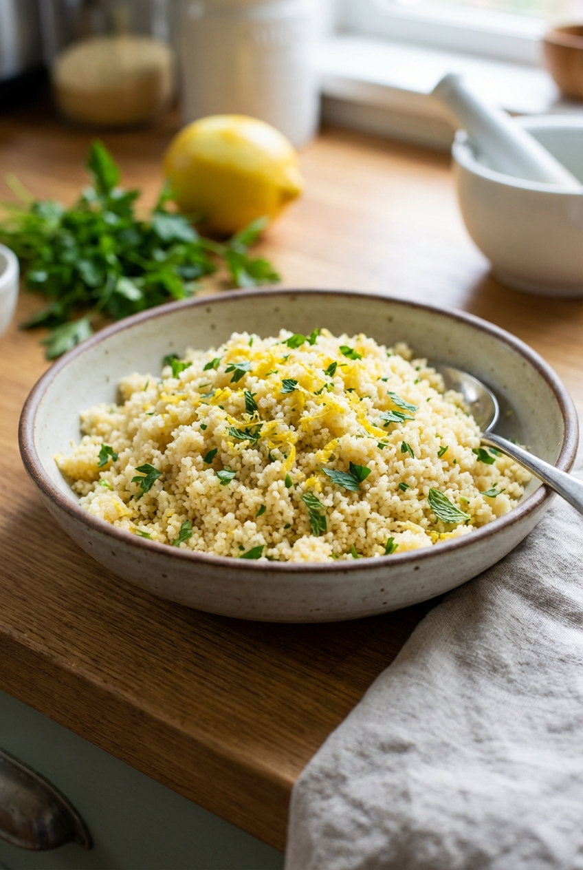 A bowl of fluffy couscous with lemon zest and chopped herbs