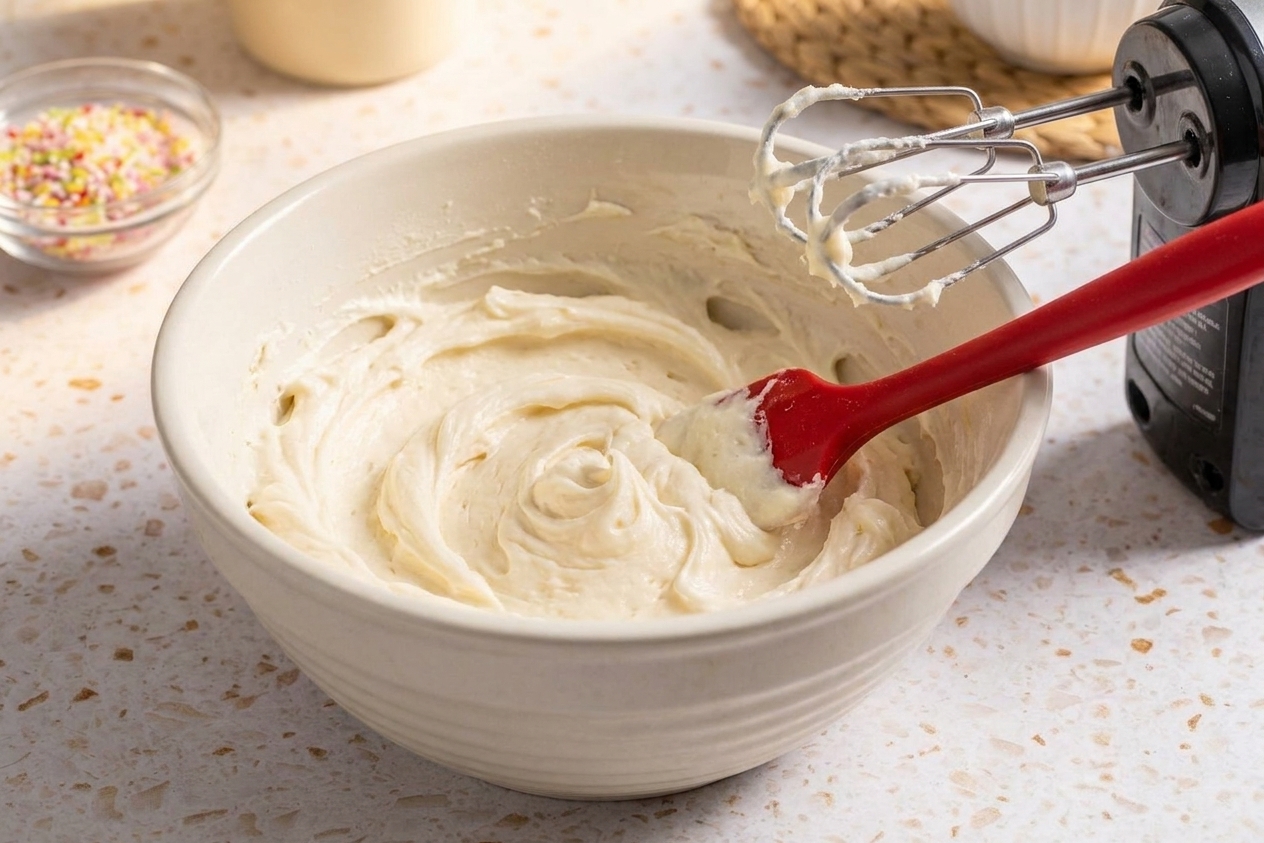 A bowl of fluffy cream cheese frosting with a hand mixer resting nearby on a kitchen counter