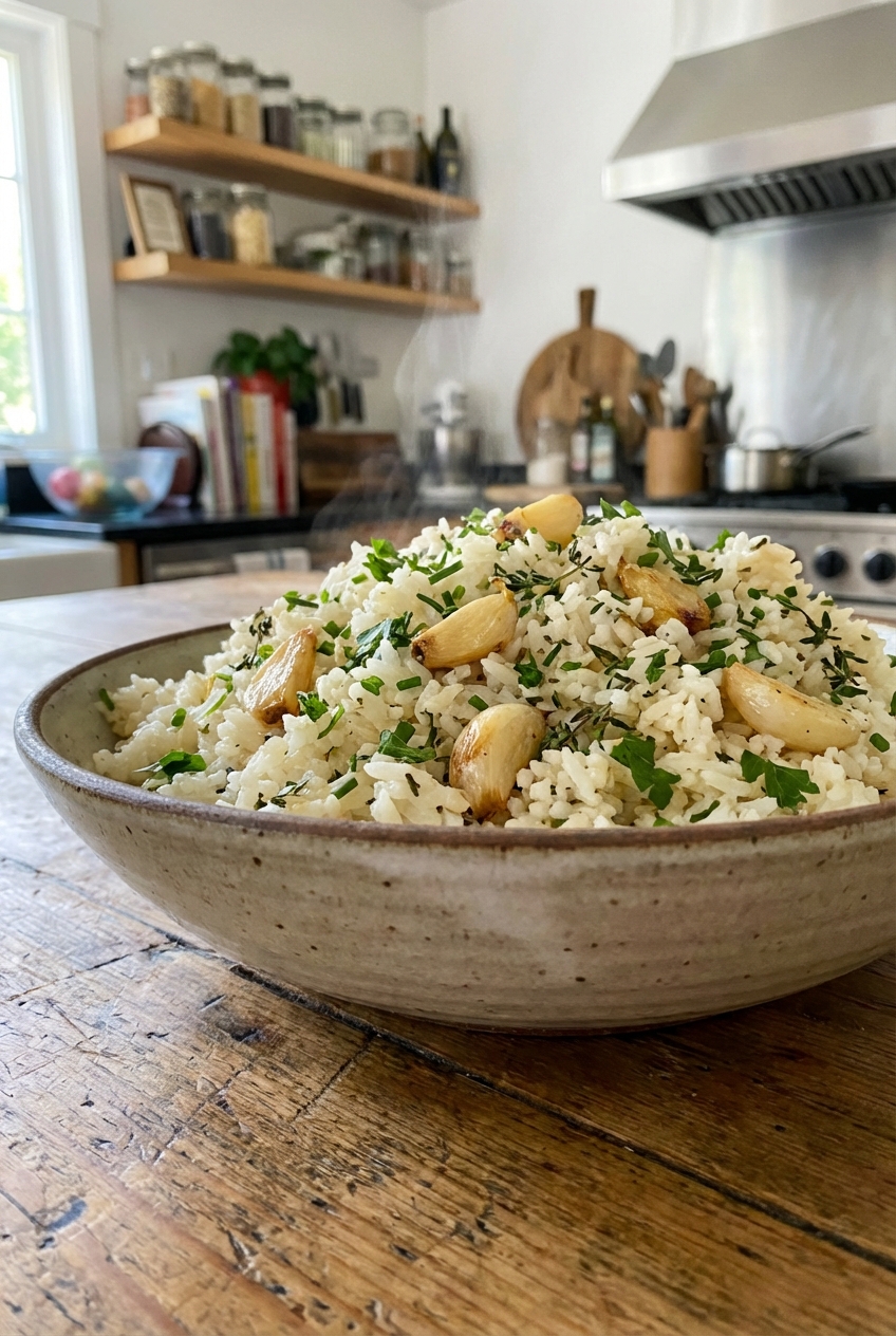 A bowl of fluffy garlic herb rice on a wooden table