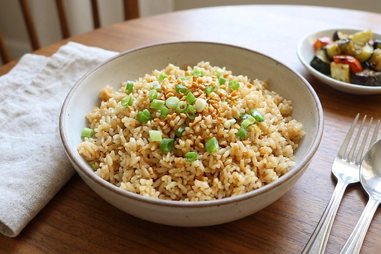 A bowl of fluffy garlic rice topped with sliced green onions and toasted garlic bits on a simple dinner table setting