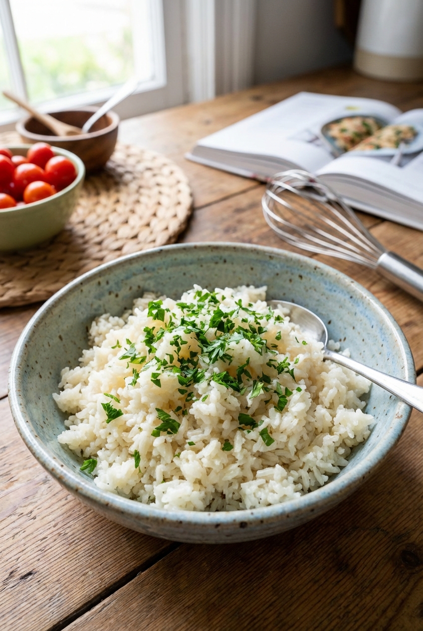 A bowl of fluffy garlic rice with chopped parsley on top on a kitchen table
