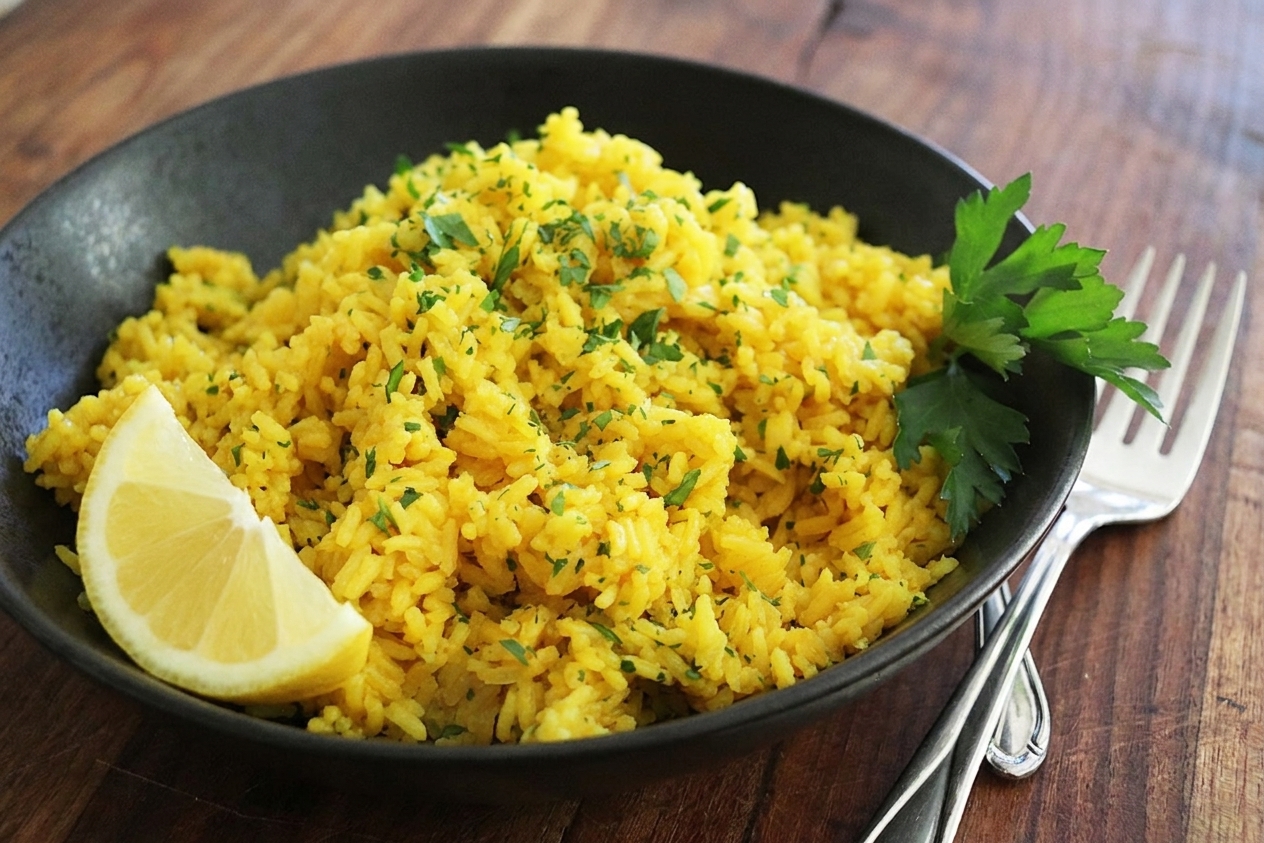 A bowl of fluffy golden turmeric rice on a wooden table with a lemon wedge and chopped parsley, warm natural kitchen lighting