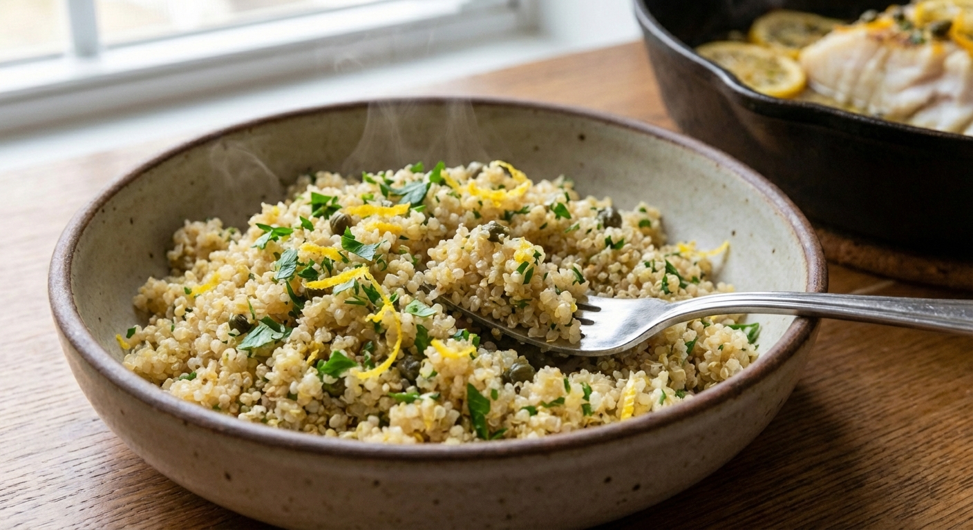 A bowl of fluffy herbed quinoa with parsley and lemon zest