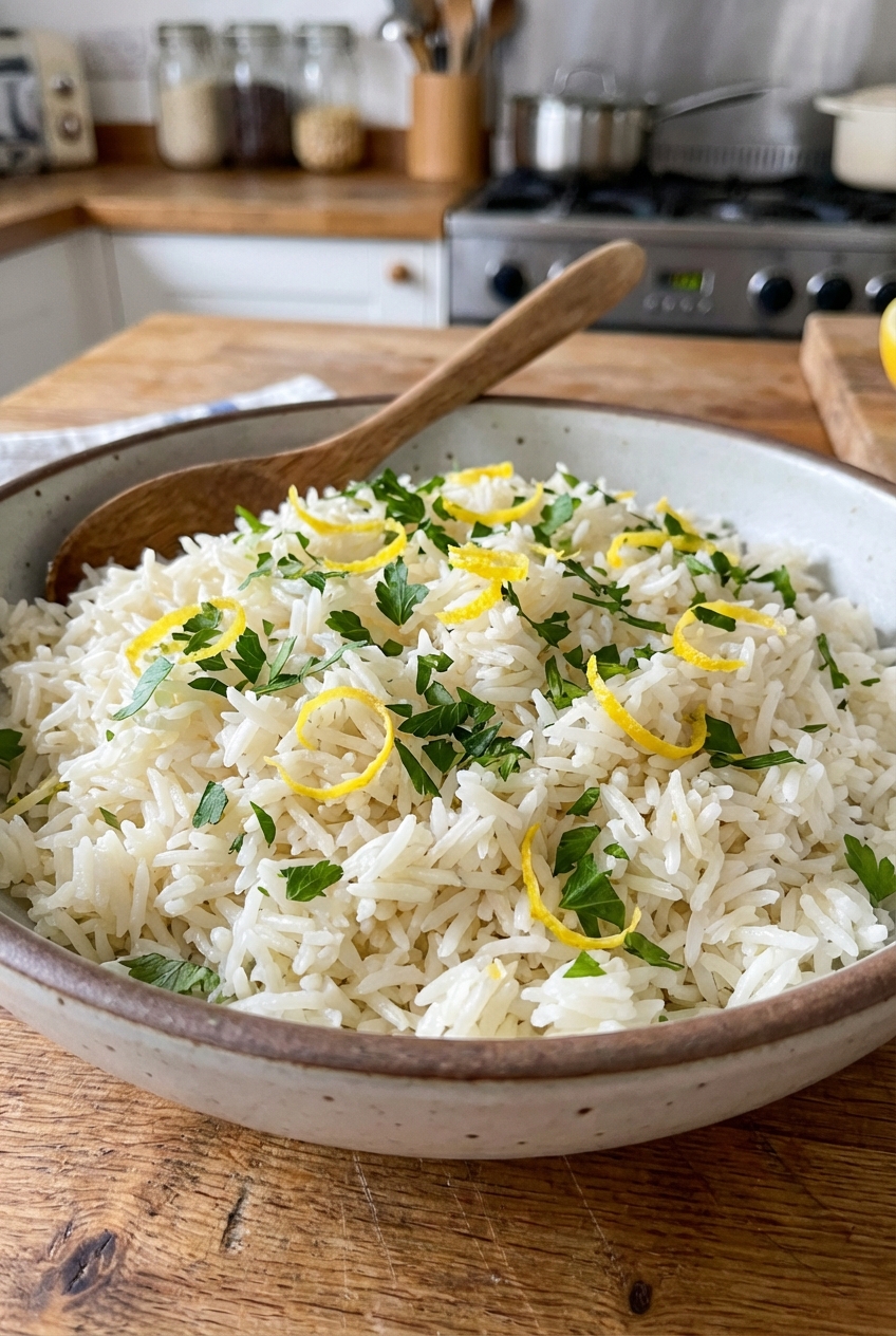 A bowl of fluffy herbed rice with parsley and lemon zest