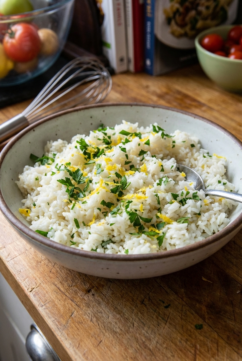 A bowl of fluffy herbed rice with parsley and lemon zest