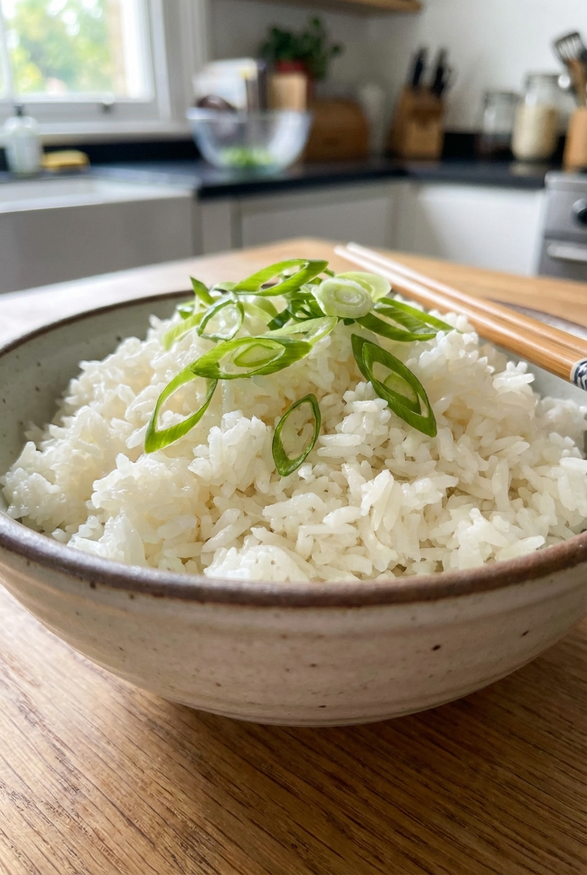 A bowl of fluffy jasmine rice topped with sliced scallions