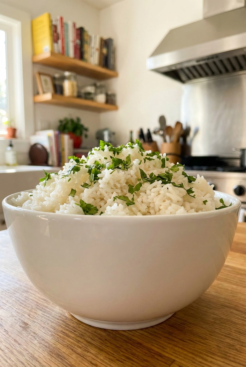 A bowl of fluffy jasmine rice with chopped cilantro in a bright kitchen