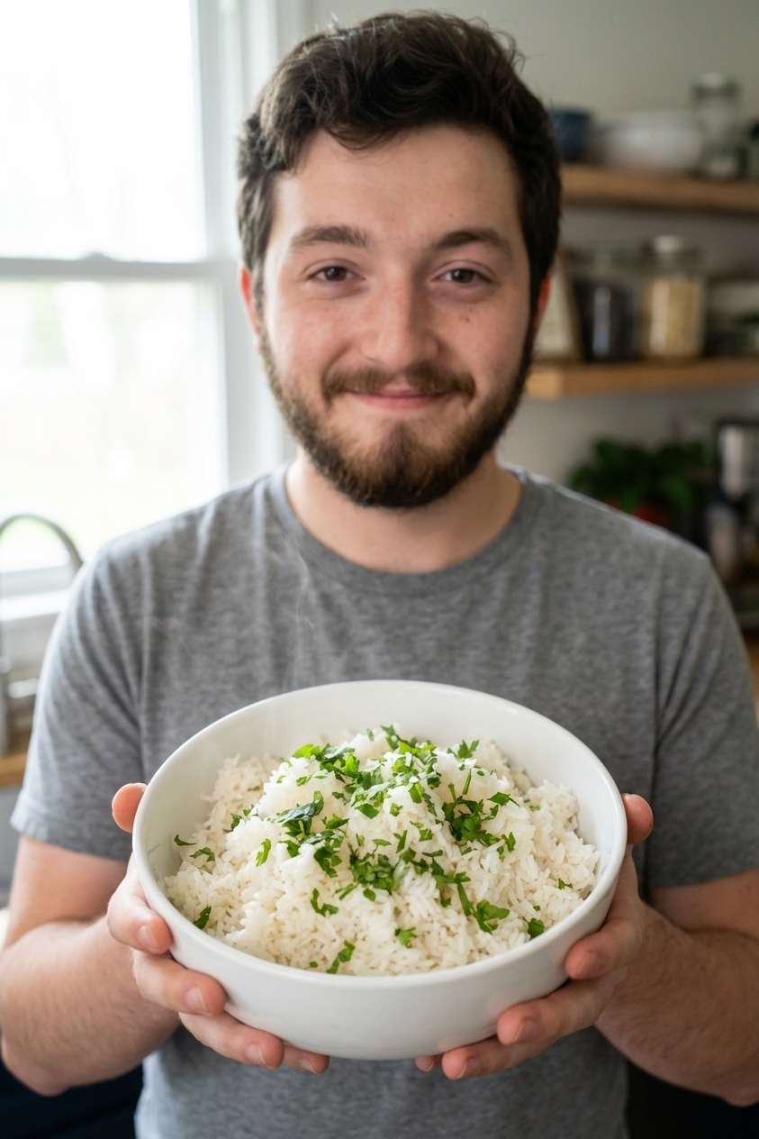 A bowl of fluffy jasmine rice with chopped cilantro