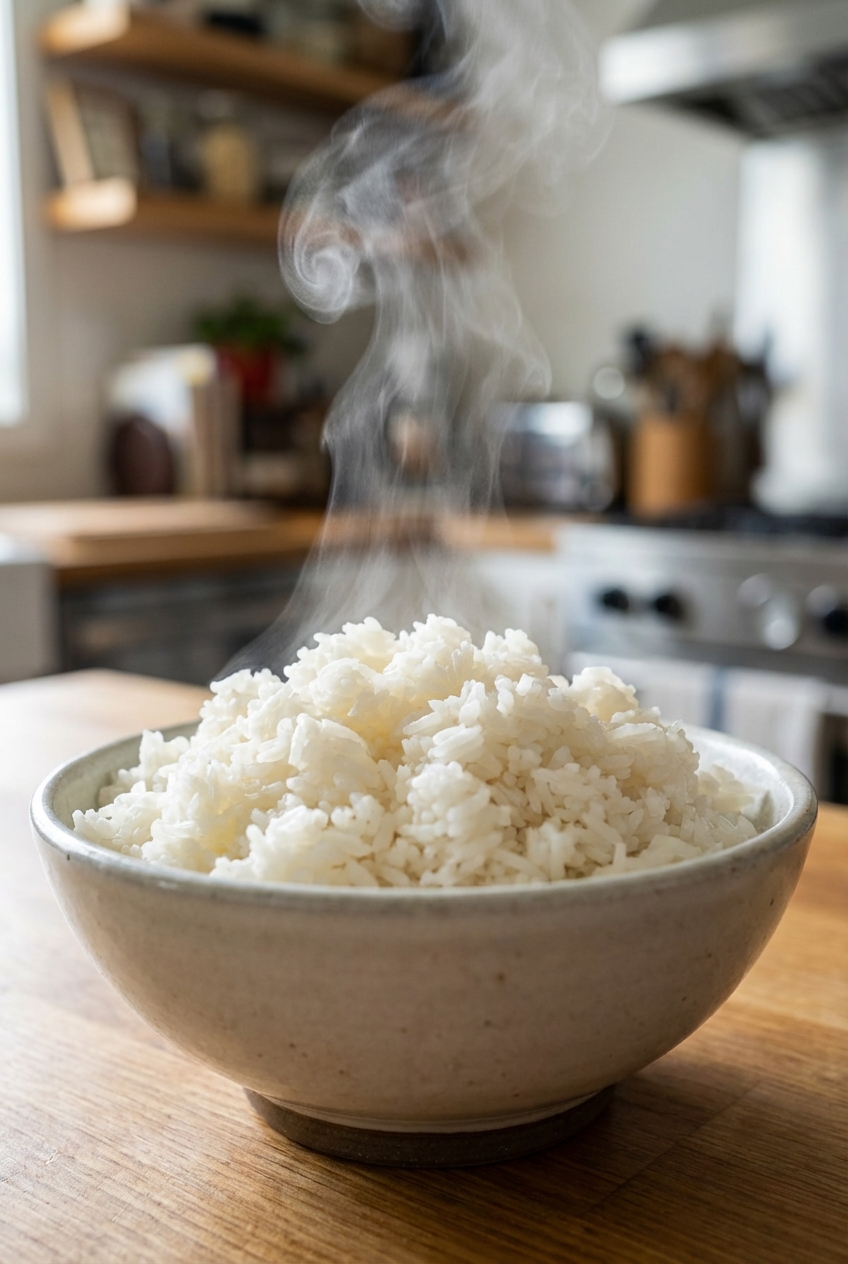 A bowl of fluffy jasmine rice with steam rising