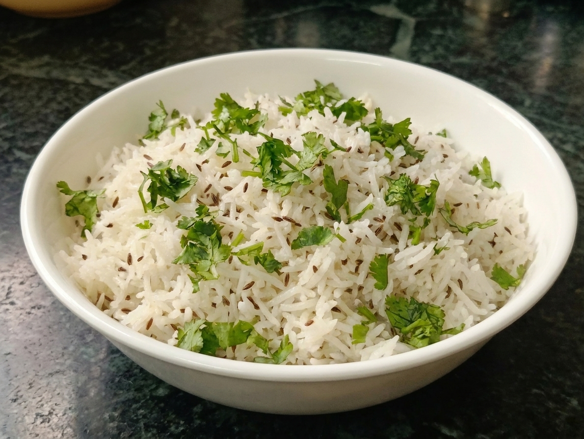 A bowl of fluffy jeera rice made with basmati, visible cumin seeds, and scattered cilantro on top