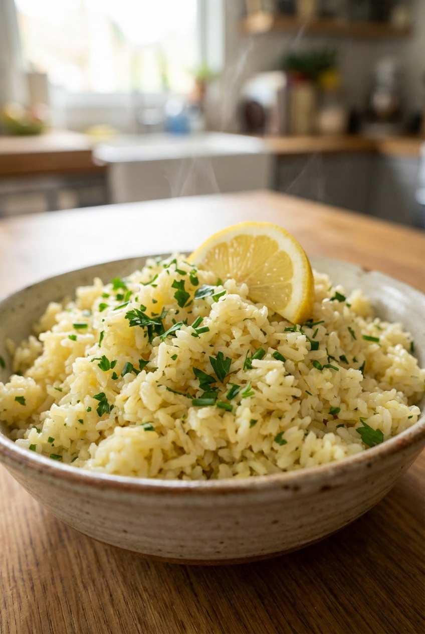 A bowl of fluffy lemon herb rice with parsley and a lemon wedge