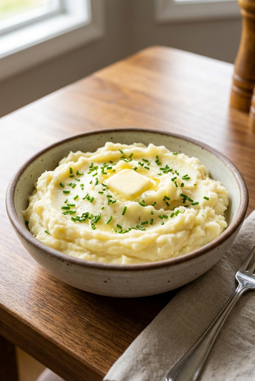 A bowl of fluffy mashed potatoes topped with chopped chives on a dining table