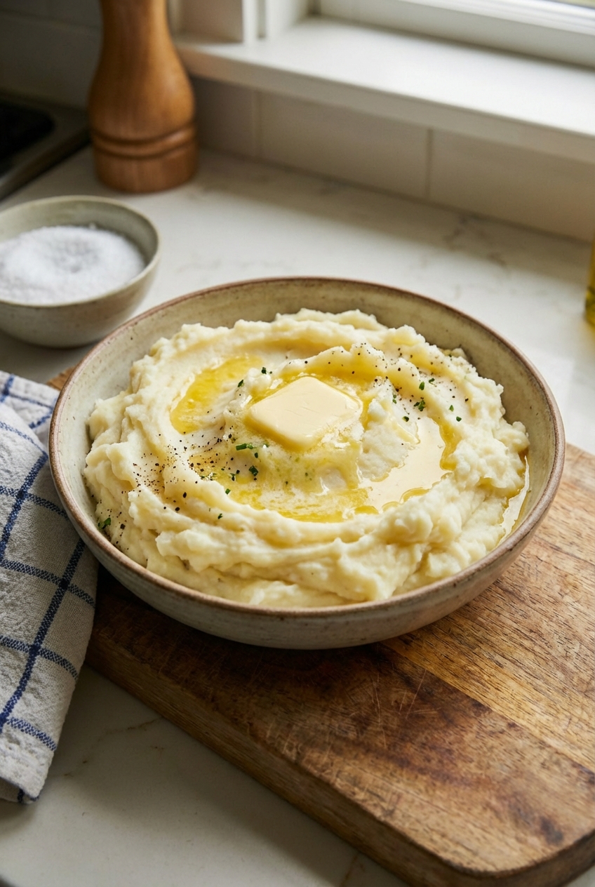 A bowl of fluffy mashed potatoes with butter melted on top