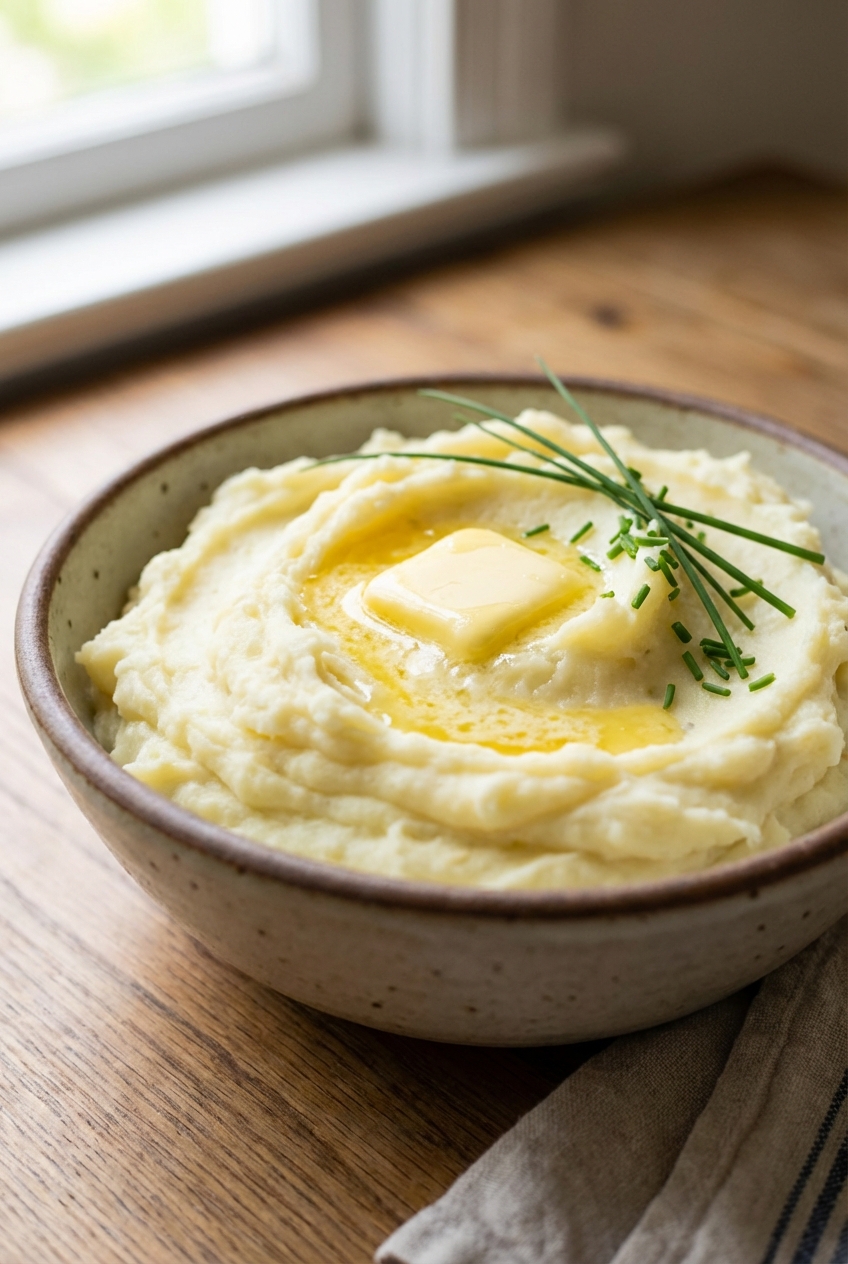 A bowl of fluffy mashed potatoes with butter melting on top