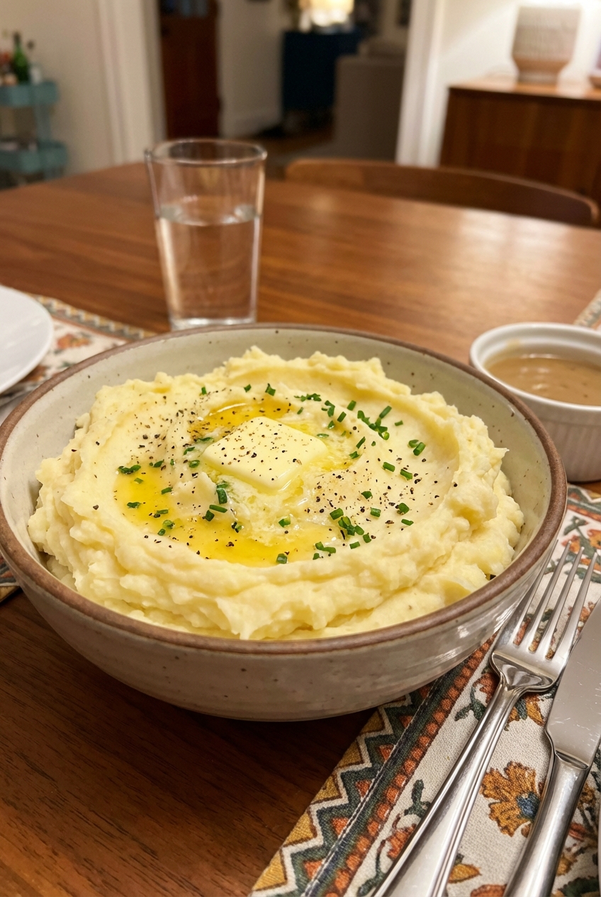 A bowl of fluffy mashed potatoes with butter melting on top on a dinner table
