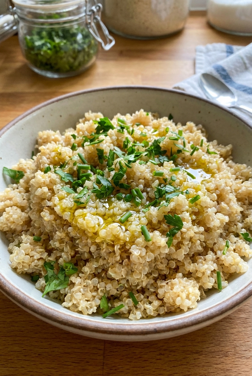 A bowl of fluffy quinoa with chopped herbs and olive oil