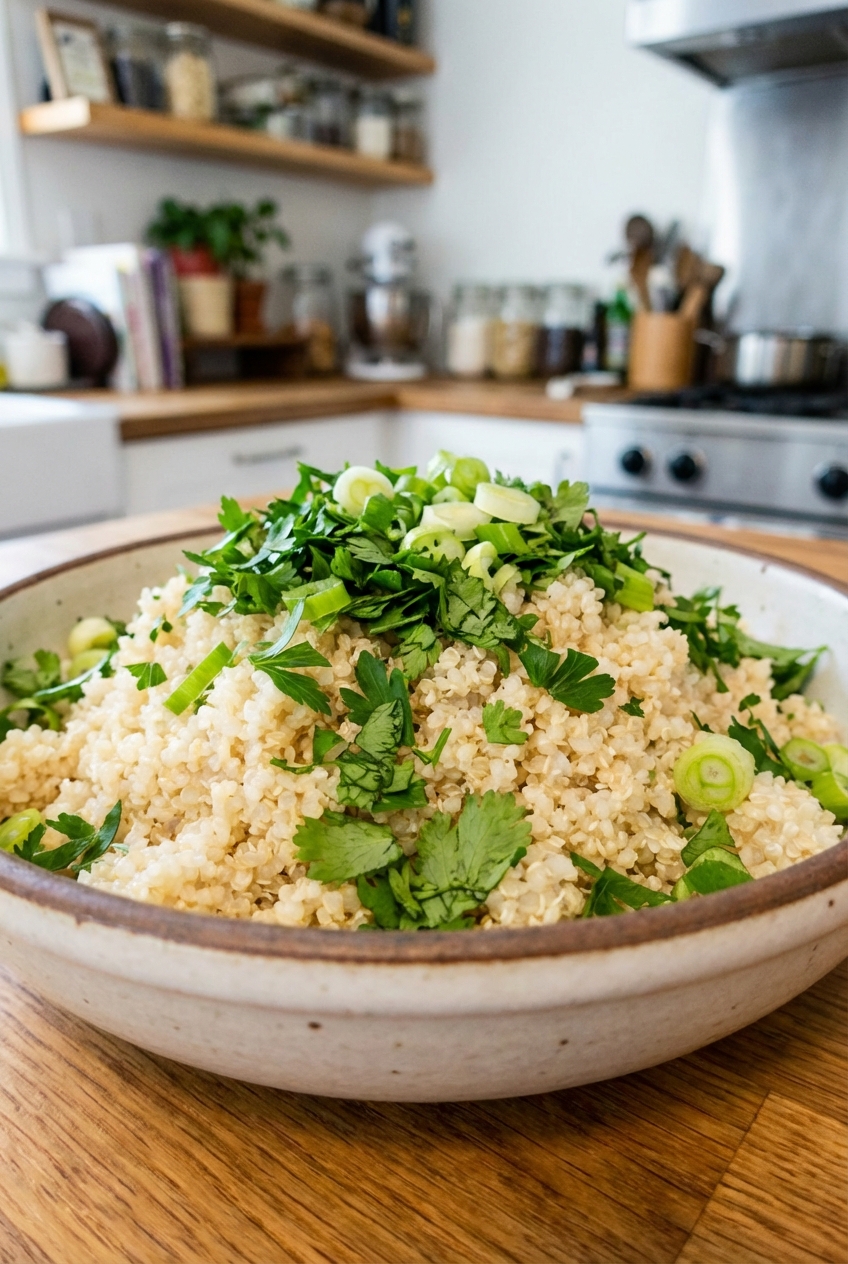 A bowl of fluffy quinoa with chopped herbs and scallions