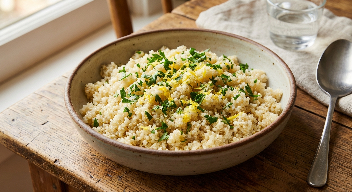 A bowl of fluffy quinoa with chopped parsley and lemon zest on a wooden table
