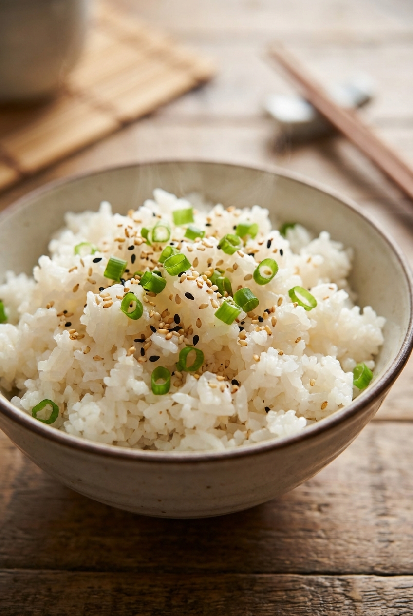 A bowl of fluffy rice topped with sliced scallions and sesame seeds