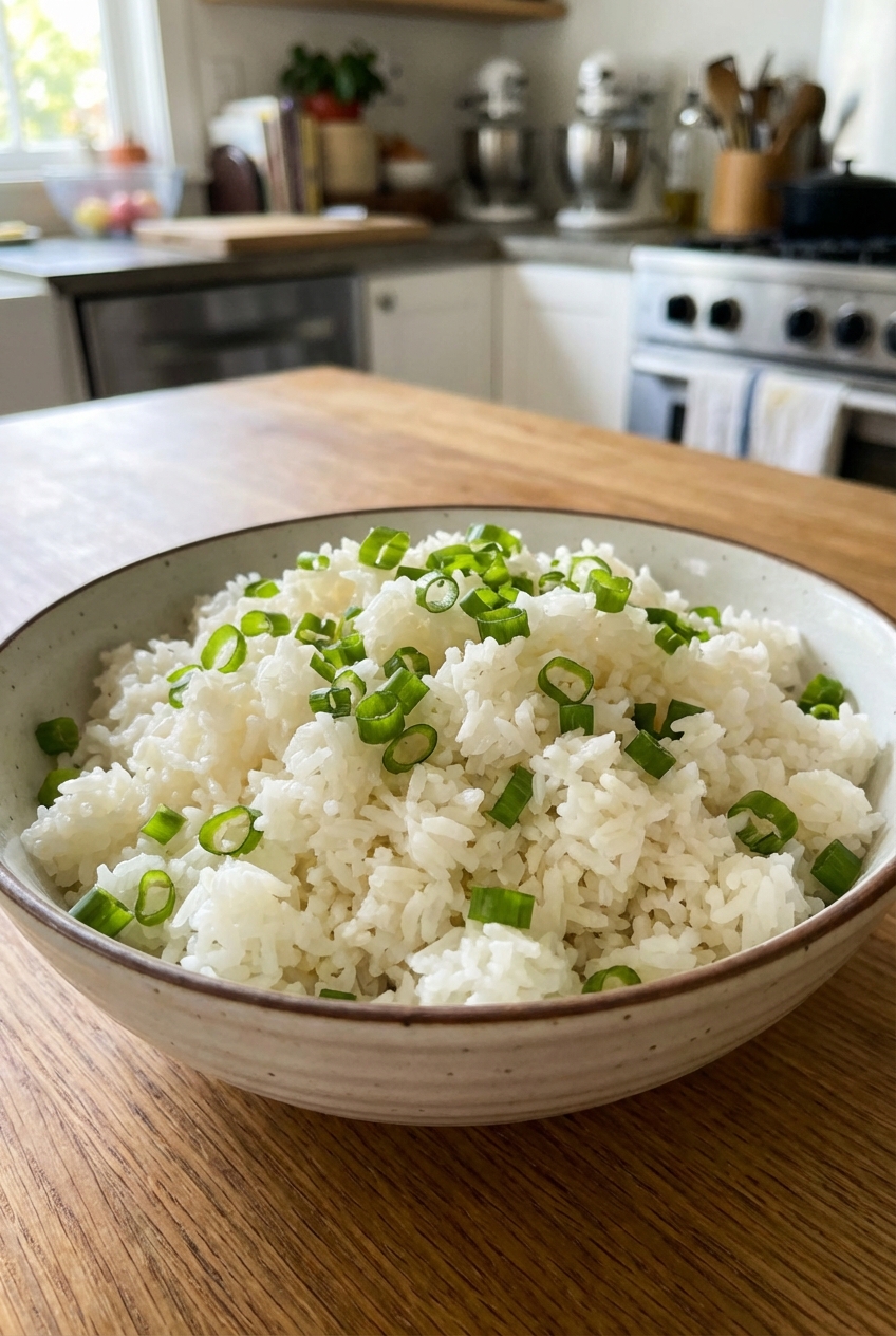 A bowl of fluffy rice with scallions