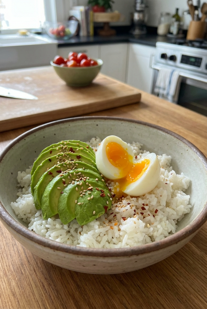 A bowl of fluffy rice with sliced avocado and a soft-boiled egg
