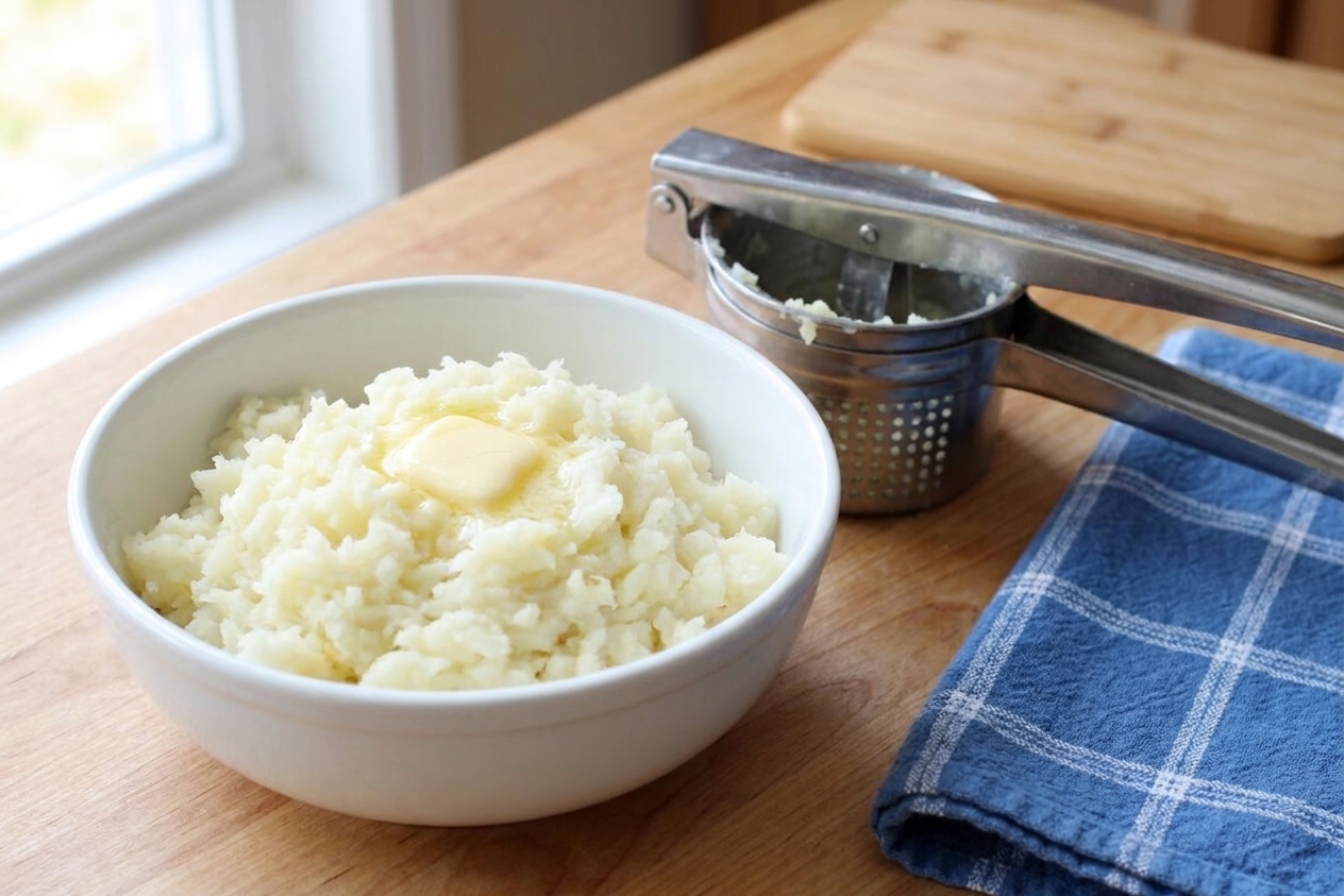 A bowl of fluffy riced potatoes with a potato ricer nearby