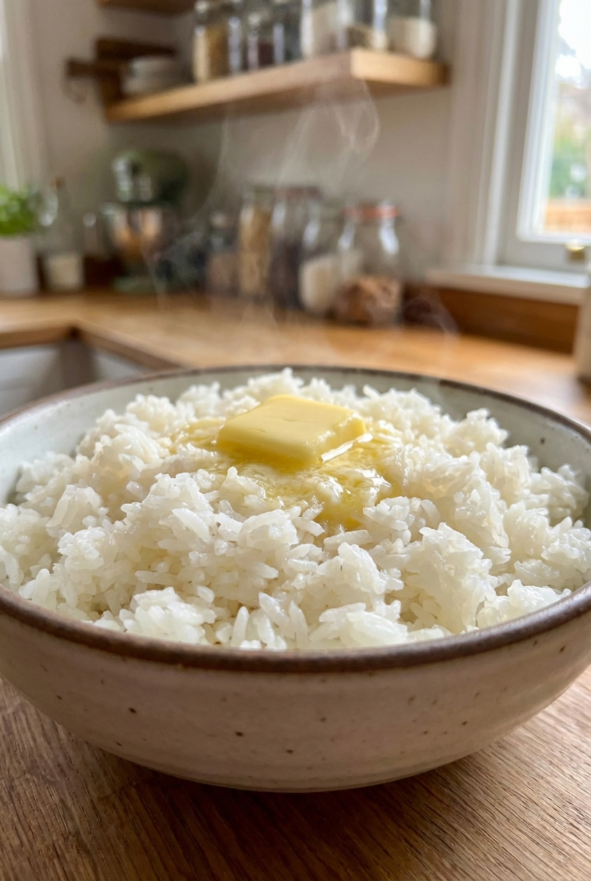 A bowl of fluffy steamed jasmine rice with a small pat of butter melting on top