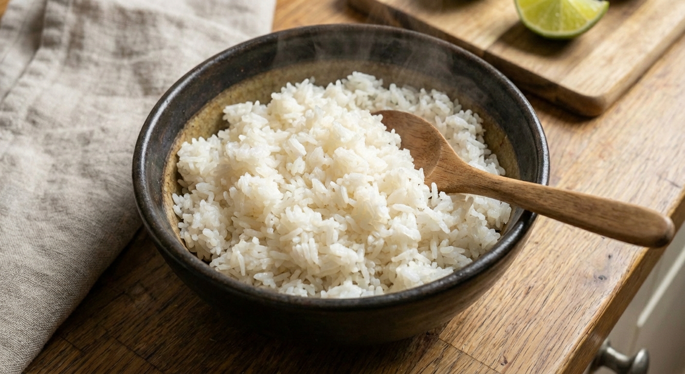 A bowl of fluffy steamed jasmine rice with a spoon