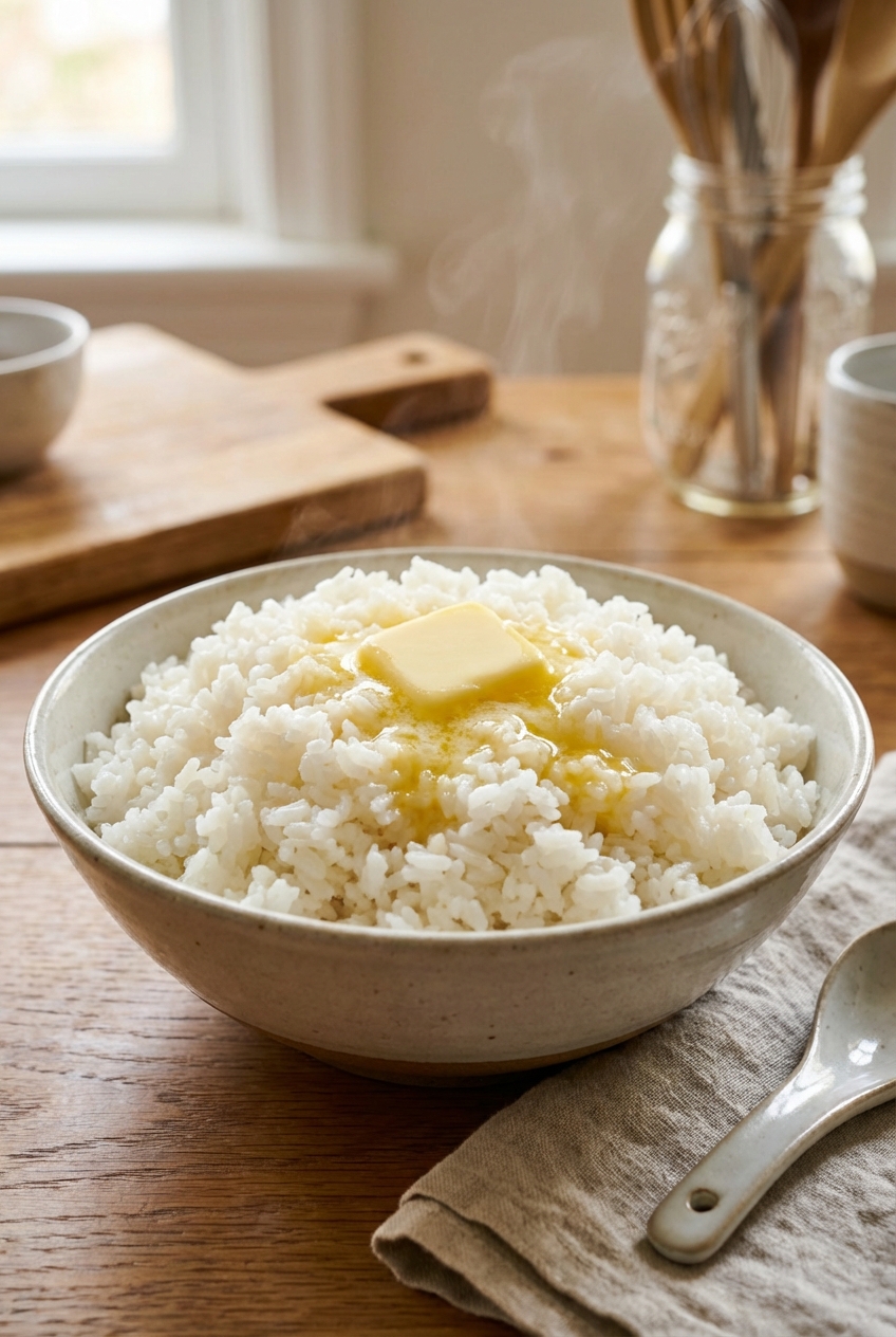 A bowl of fluffy steamed rice with a pat of butter melting on top