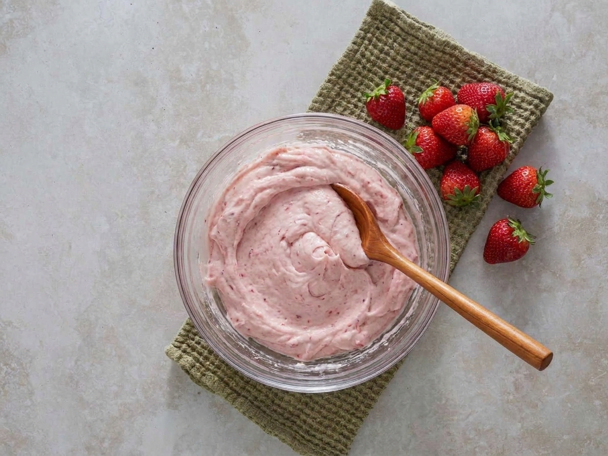 A bowl of fluffy strawberry frosting on a kitchen counter with fresh strawberries nearby