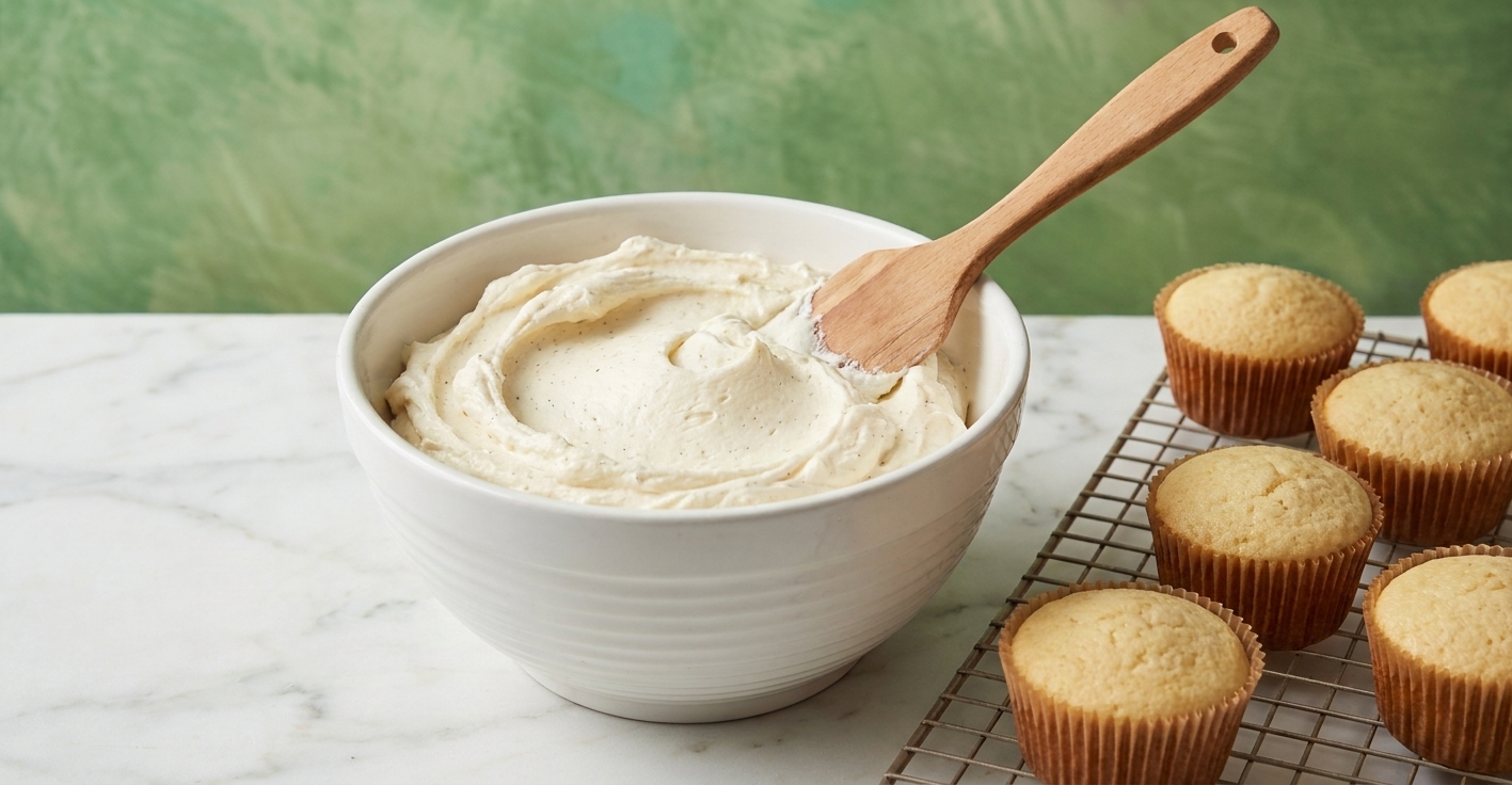 A bowl of fluffy vanilla buttercream on a kitchen counter with a spatula and cupcakes nearby