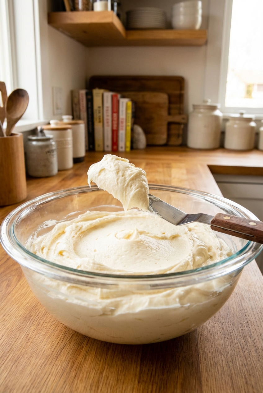A bowl of fluffy vanilla buttercream with a spatula
