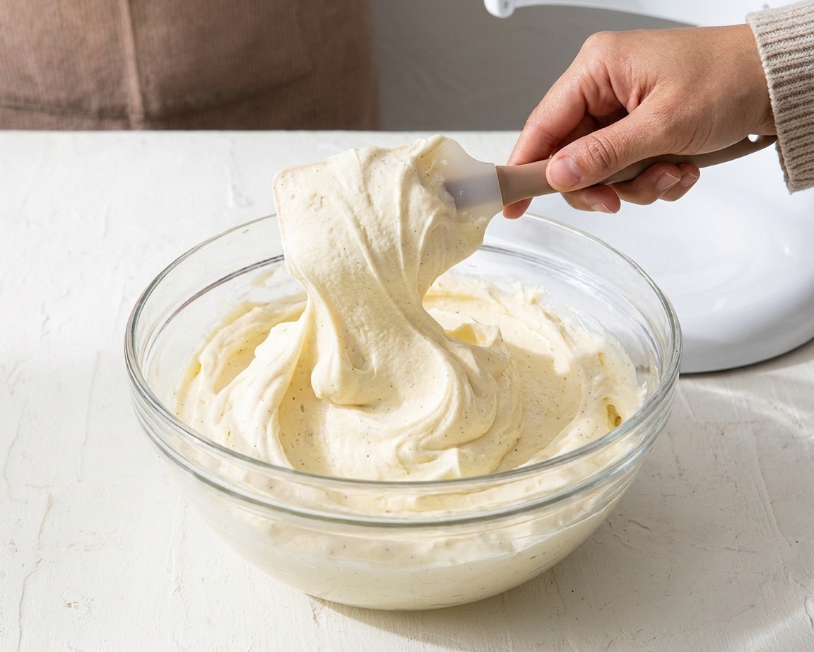 A bowl of fluffy vanilla buttercream with soft peaks, a spatula pulling up a swirl to show the texture