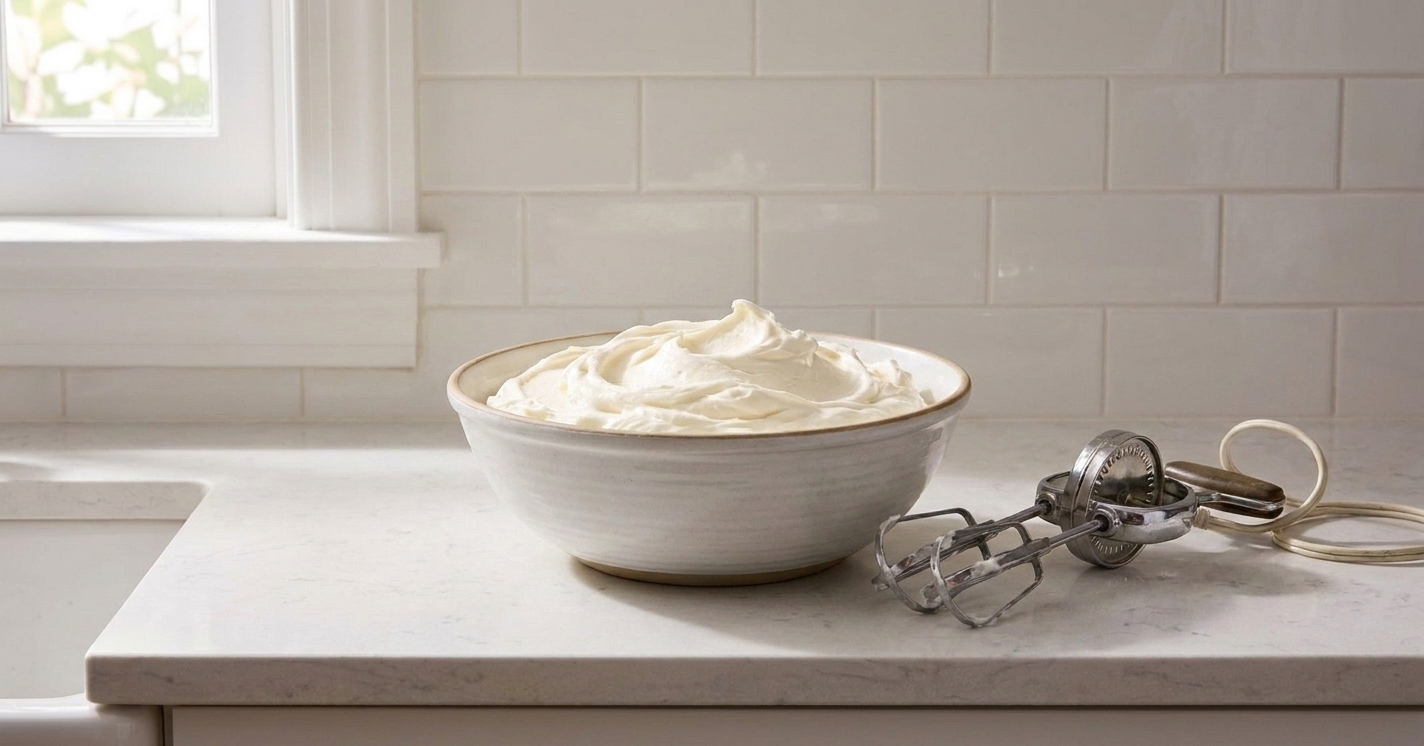 A bowl of fluffy whipped vanilla frosting with a hand mixer resting nearby on a bright kitchen counter