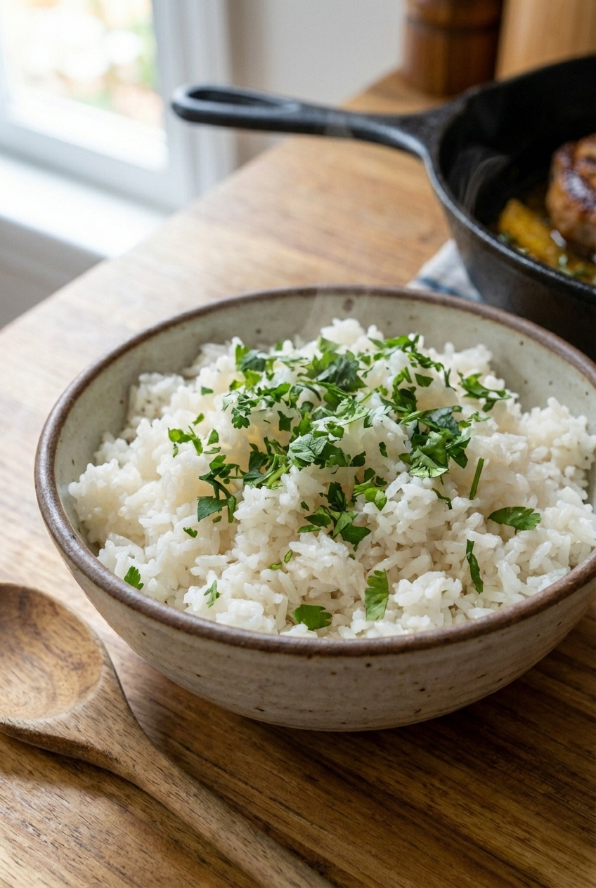 A bowl of fluffy white rice with chopped herbs