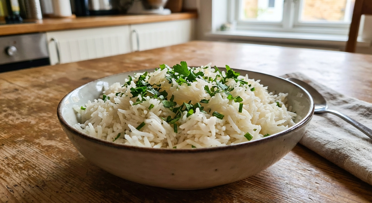 A bowl of fluffy white rice with chopped herbs