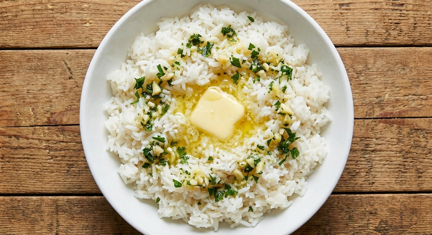A bowl of fluffy white rice with melted butter, minced garlic, and chopped parsley