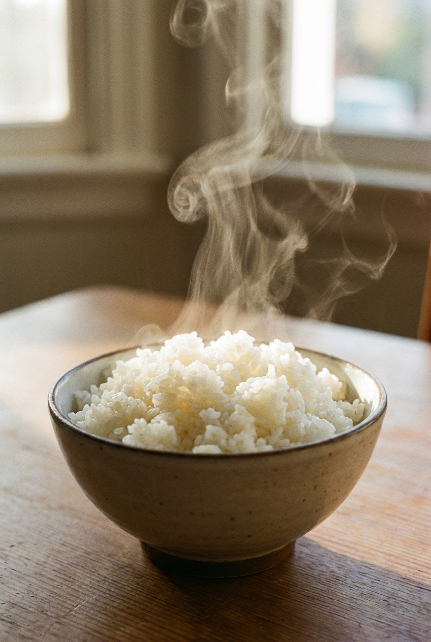 A bowl of fluffy white rice with steam rising