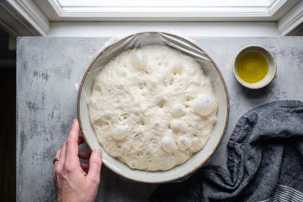 A bowl of focaccia dough after rising, showing bubbles on the surface and a slightly domed top under plastic wrap