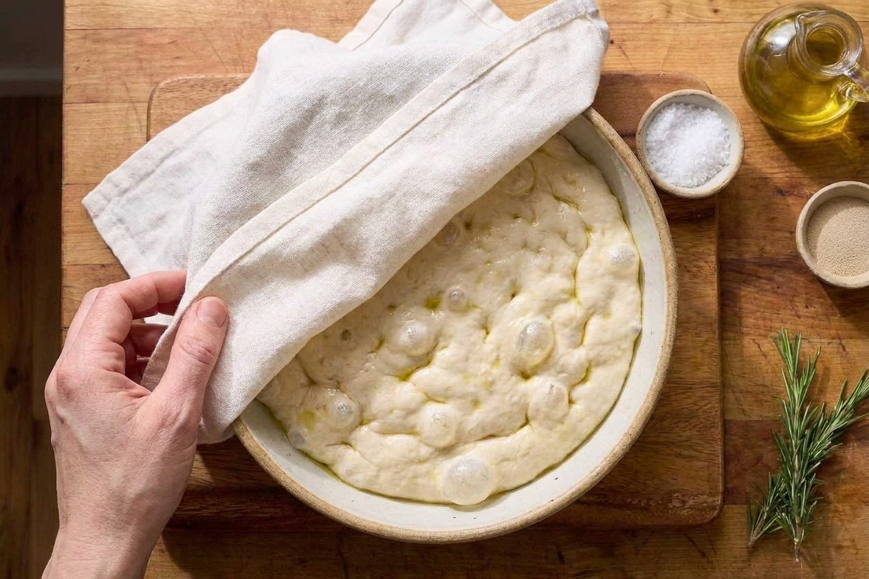 A bowl of focaccia dough after the first rise, looking puffy with bubbles on the surface, covered loosely with a towel on a kitchen counter