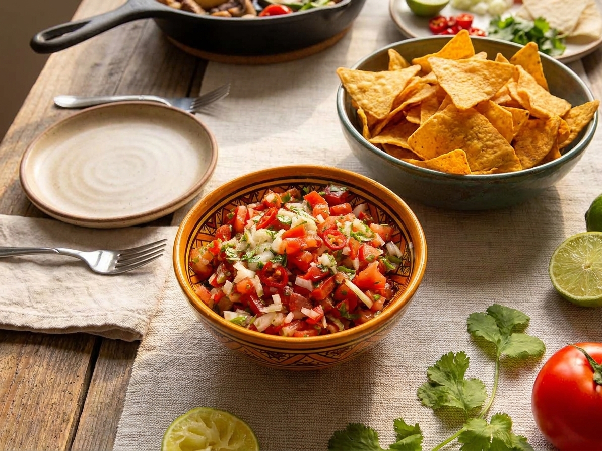 A bowl of fresh Mexican salsa on a table with tortilla chips, a small plate, and a casual weeknight dinner setting in warm natural light