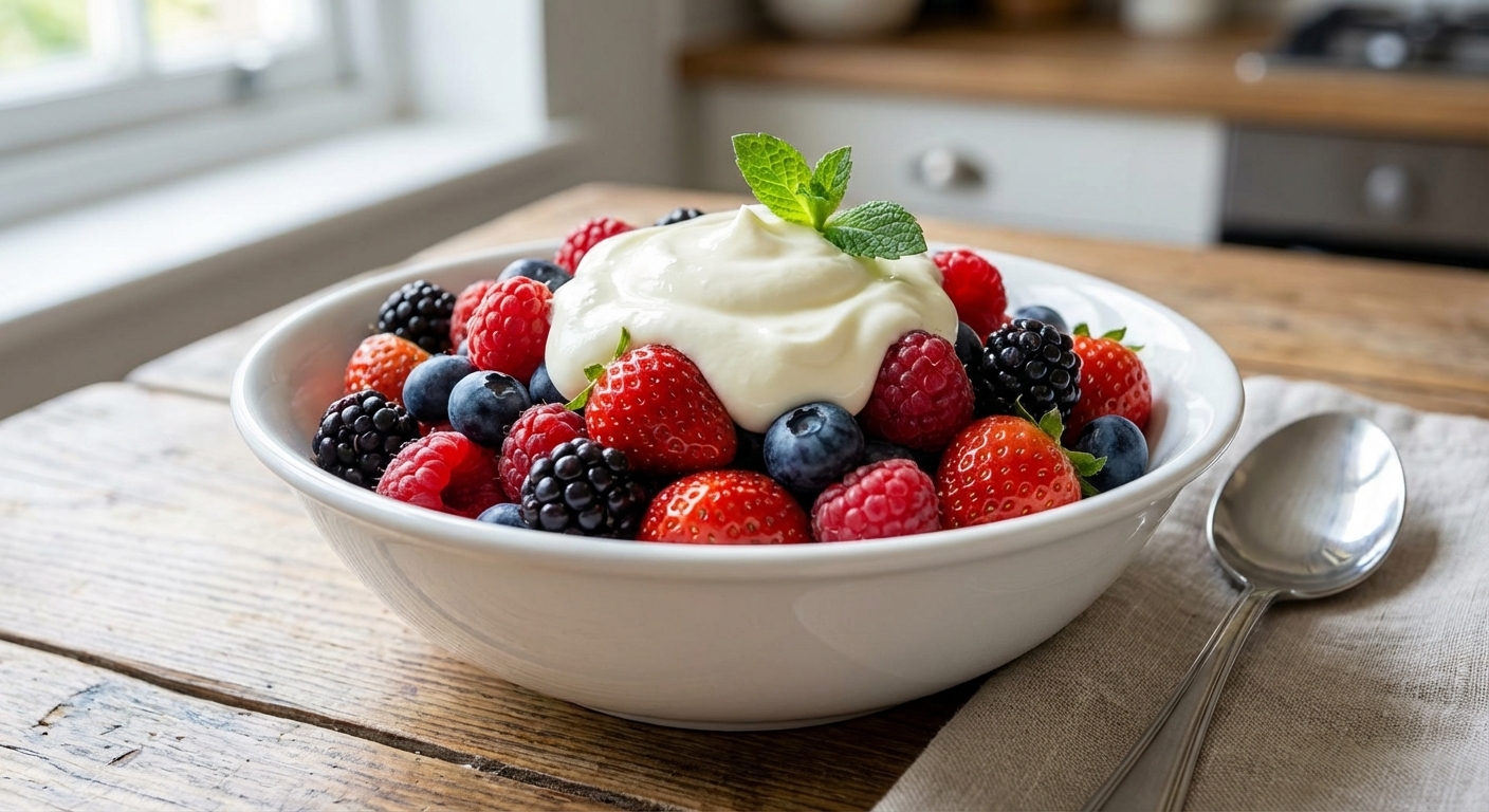 A bowl of fresh berries topped with a spoonful of crème fraîche