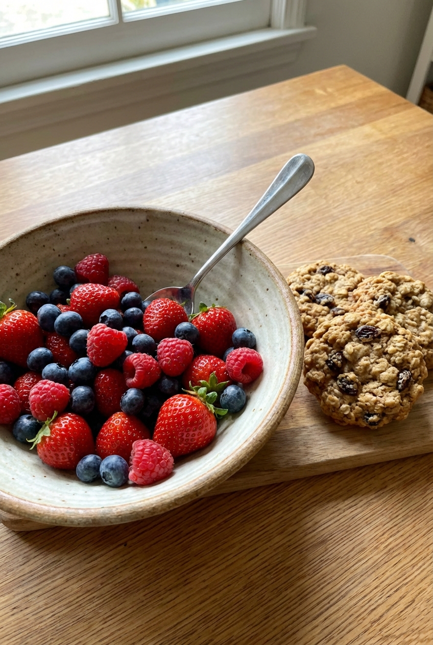 A bowl of fresh berries with a spoon and a few oatmeal cookies on the side
